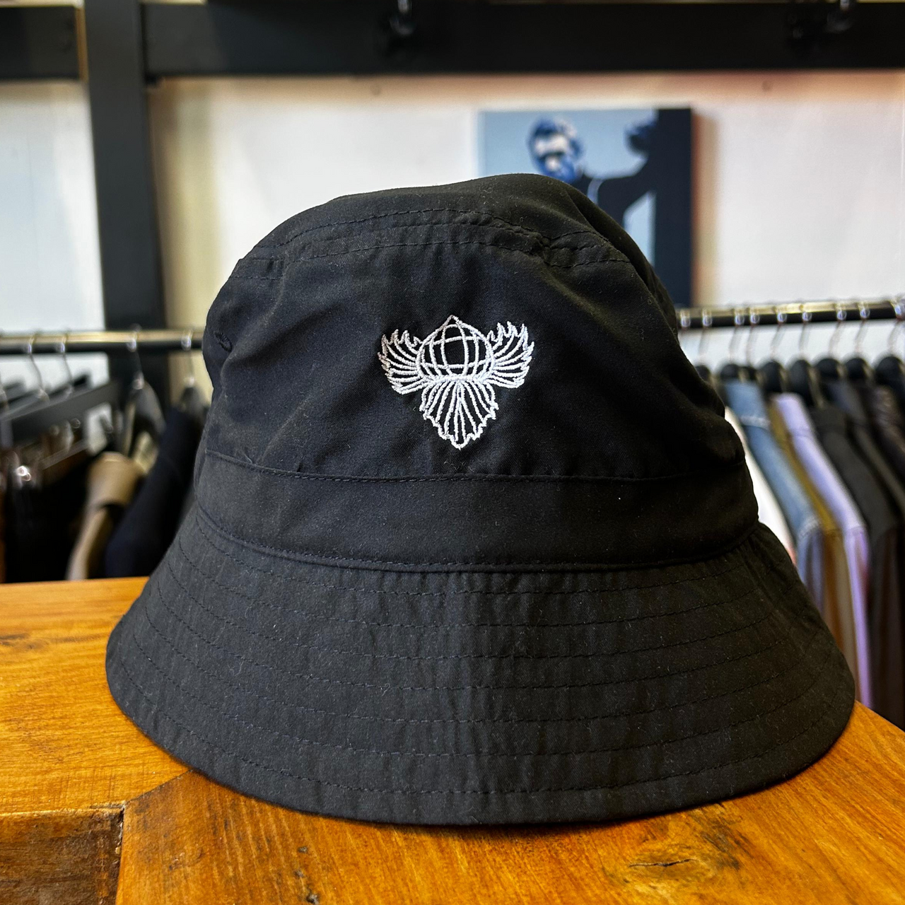 Indie White Embroidered Bucket Hat Black