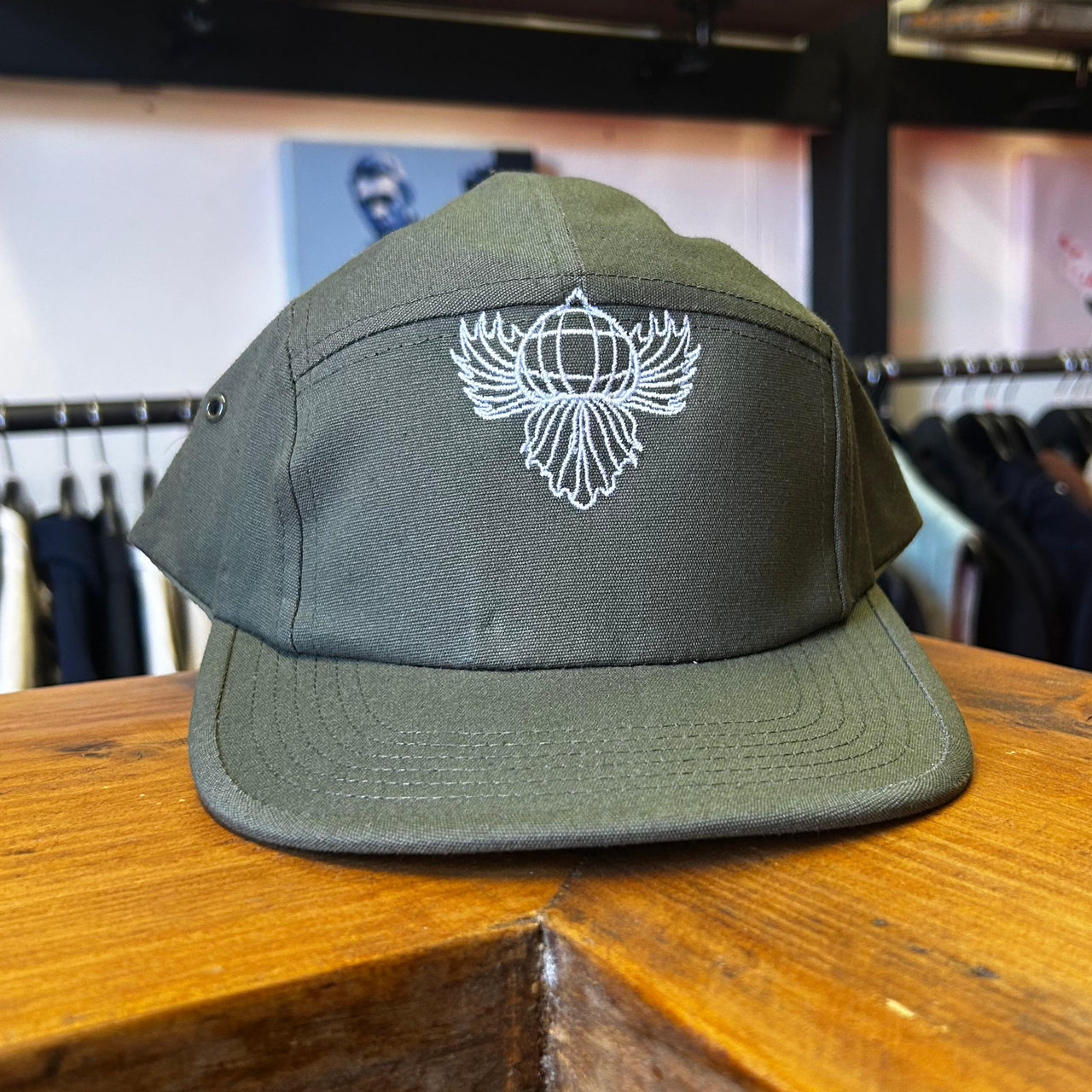 Indie White 5 Panel Embroidered Cap Olive Green