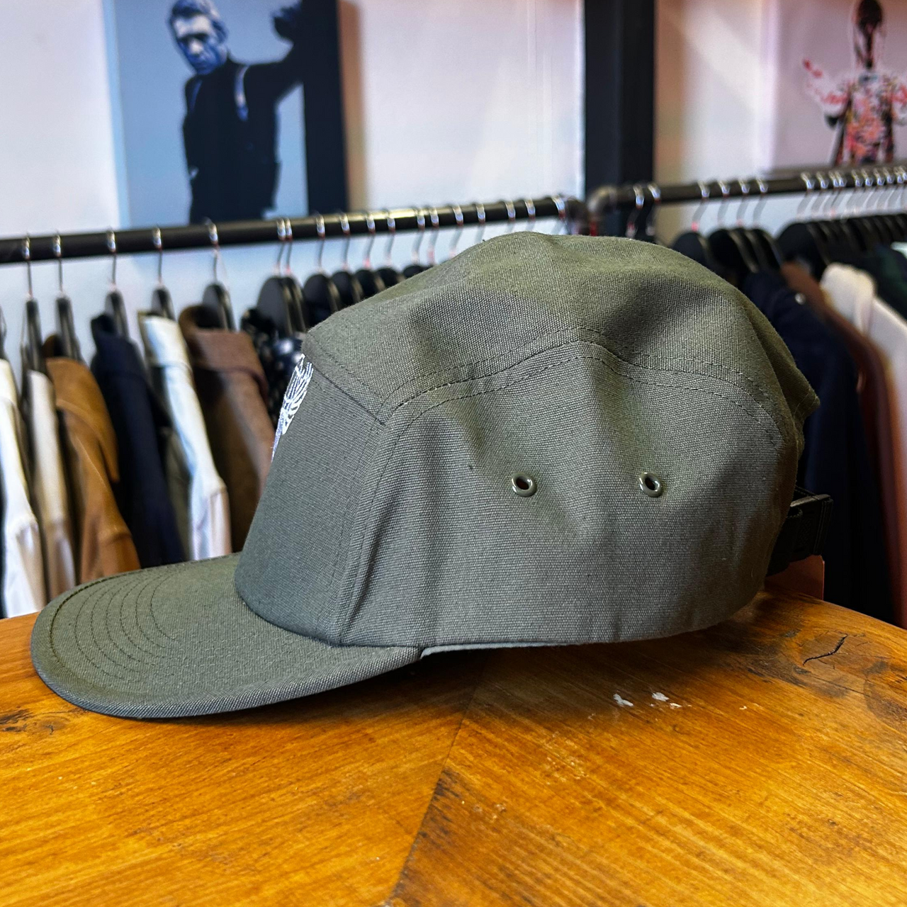 Indie White 5 Panel Embroidered Cap Olive Green