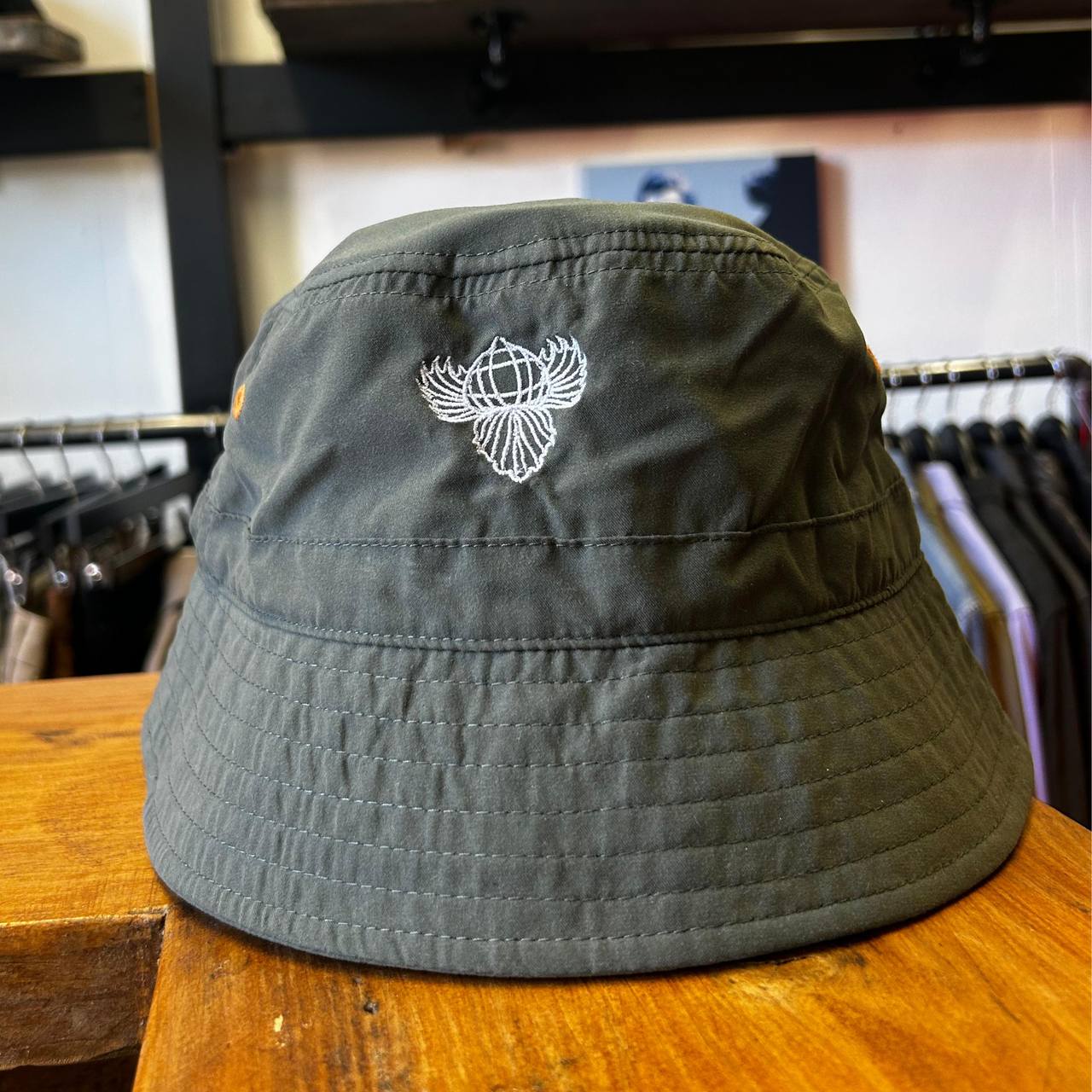 Indie White Embroidered Bucket Hat Olive Green